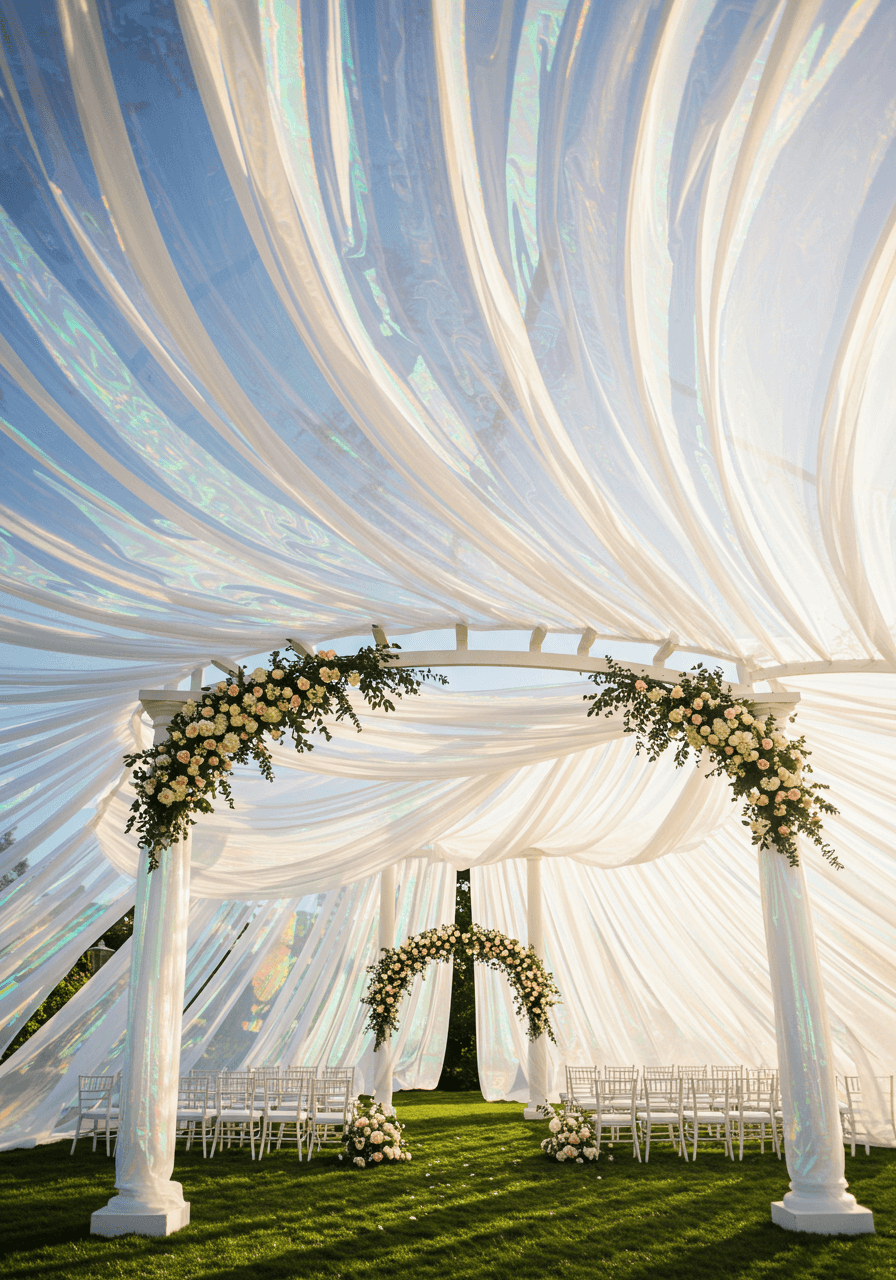 Overhead detail of opalescent ceremony fabric with pink blue and gold holographic highlights moving in breeze