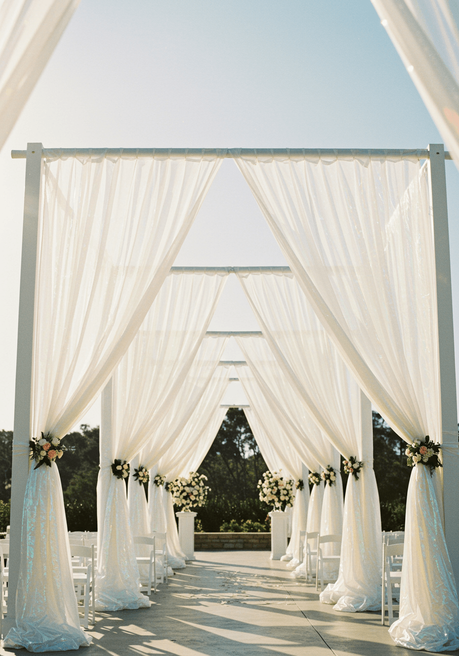 Billowing iridescent fabric panels on white ceremony arch creating rainbow light refractions in gentle wind during late afternoon