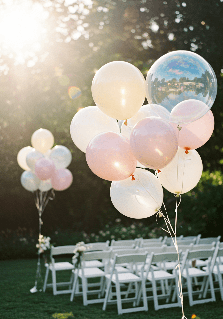 Iridescent pastel balloon cluster in pearl white soft pink and holographic silver at outdoor wedding ceremony with natural light refractions