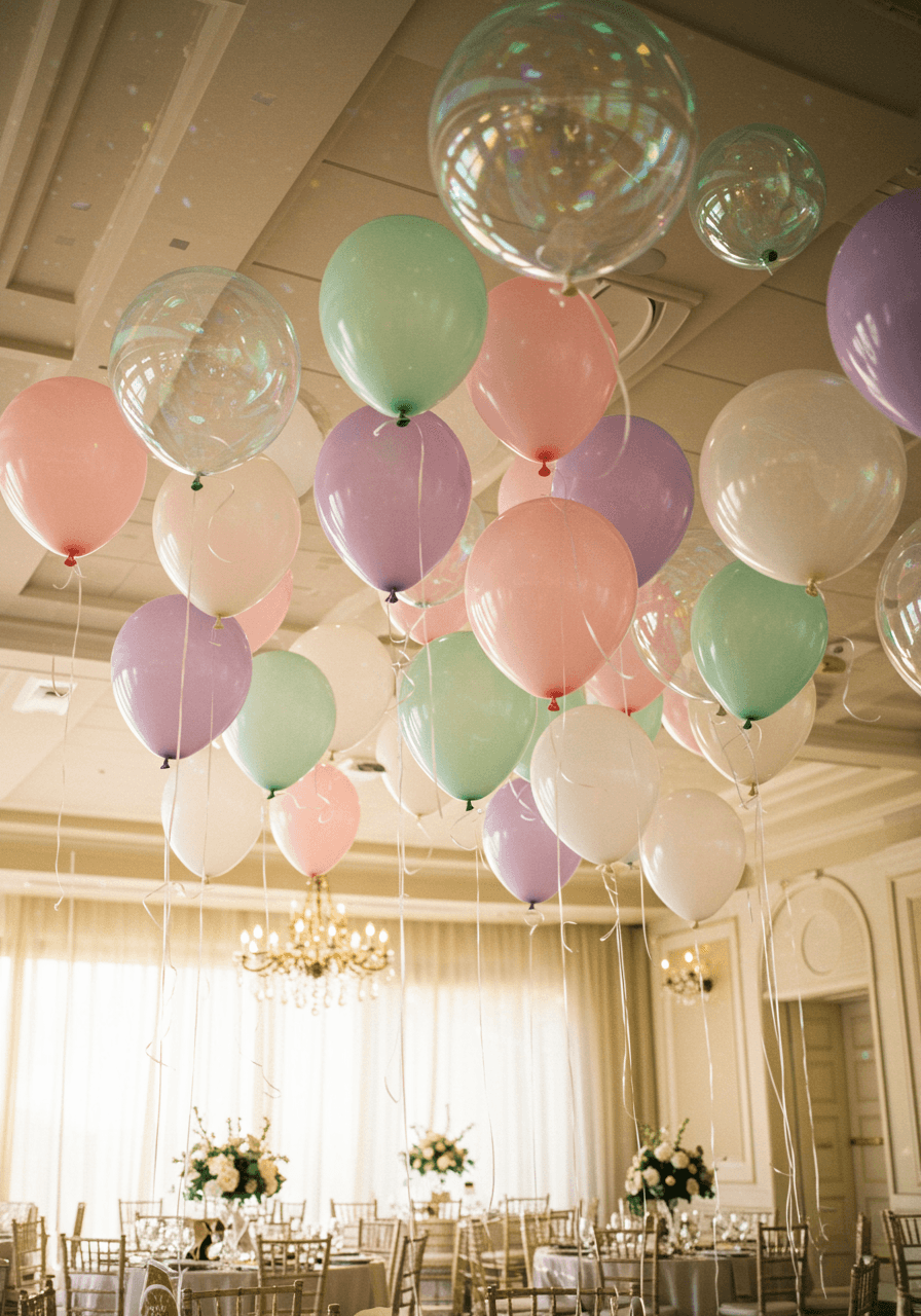 Stunning installation of floating pastel iridescent balloons suspended above elegant wedding reception venue during golden hour creating rainbow prisms