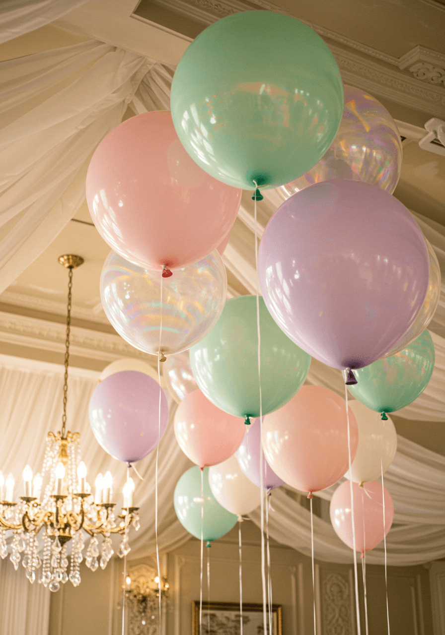 Macro detail of iridescent pastel balloon cluster in pink lavender and pearl showing holographic surface reflections