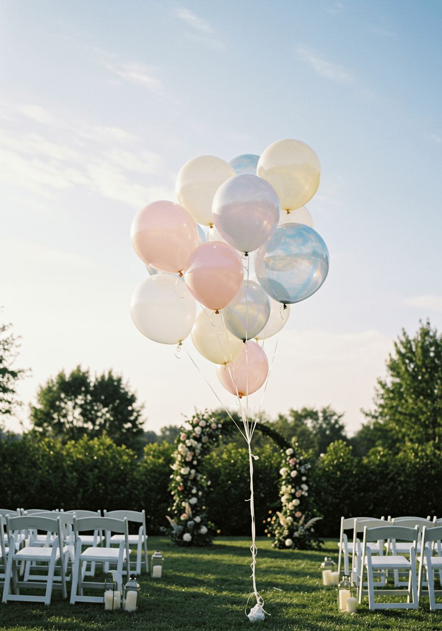 Wide angle of pastel iridescent balloons floating above outdoor ceremony space with white chairs and greenery during late afternoon