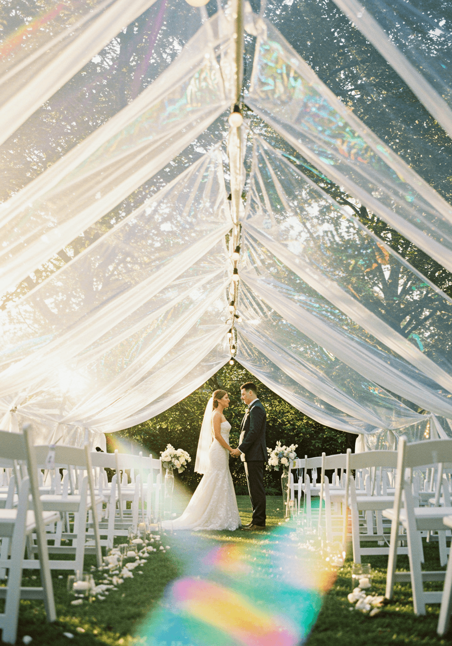 Bride and groom beneath flowing iridescent fabric canopy creating rainbow light reflections at outdoor wedding ceremony during golden hour