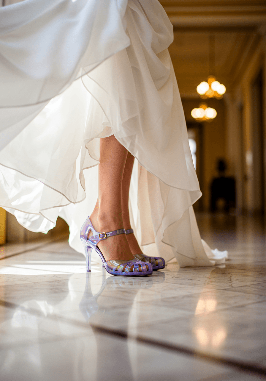 Bride wearing translucent lavender jelly shoes with holographic shimmer standing on white marble floor in elegant venue during golden hour