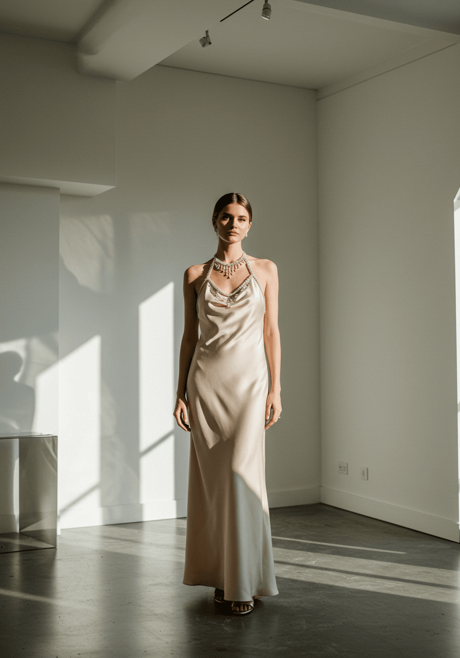 Full-body shot of bride in sleek minimalist satin slip wedding dress with crystal halter detail on polished concrete floor