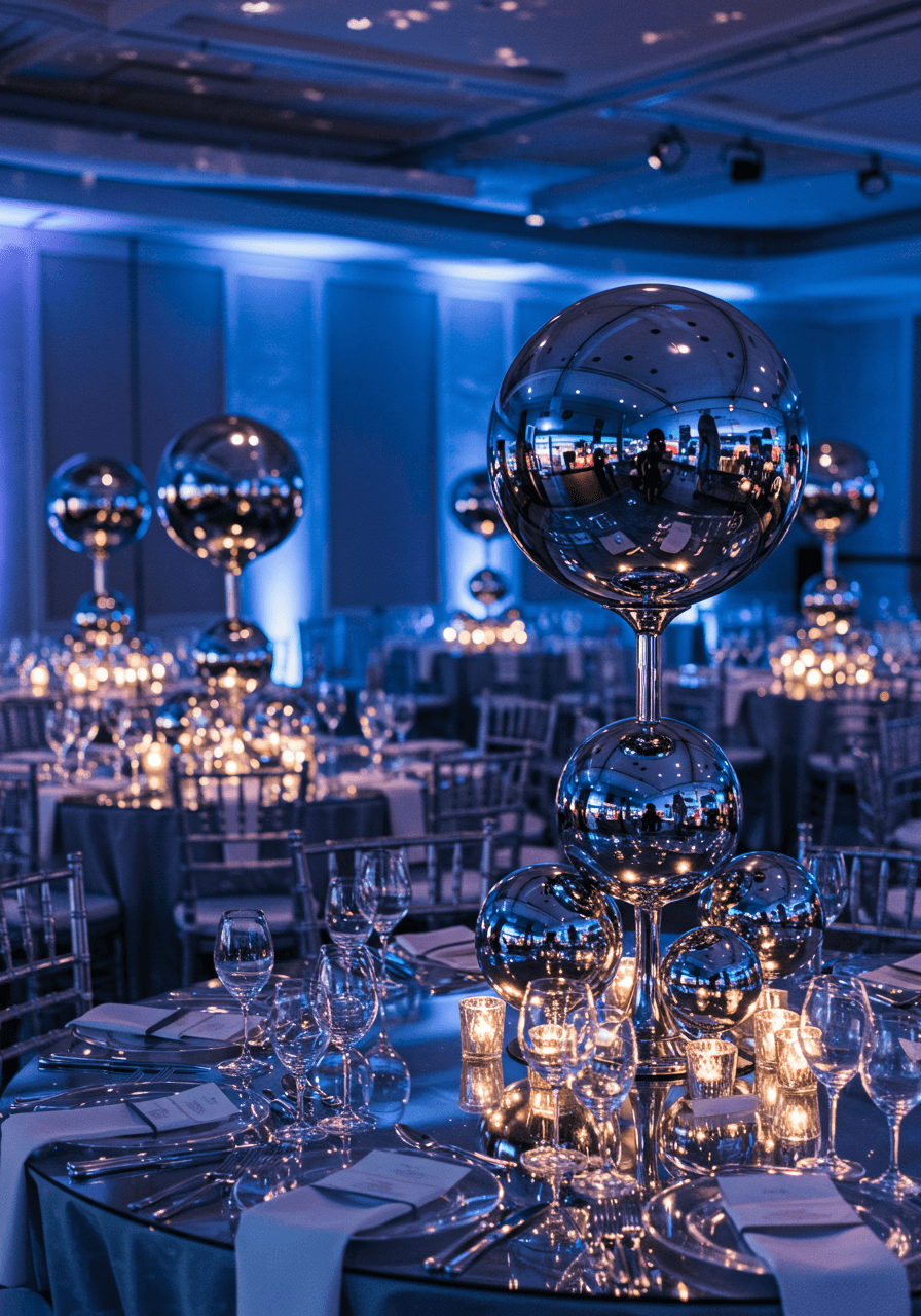 Modern wedding reception tablescape with reflective chrome sphere centrepieces in varying sizes on white linens in contemporary ballroom with dramatic uplighting