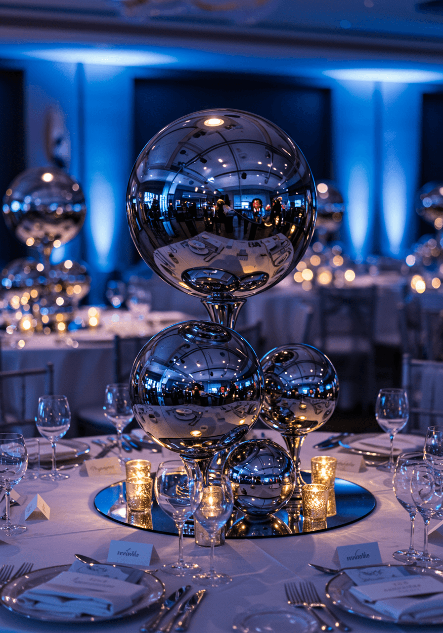 Detail shot of mirror-finish chrome sphere wedding centrepieces reflecting ambient purple and blue lighting on elegant reception table