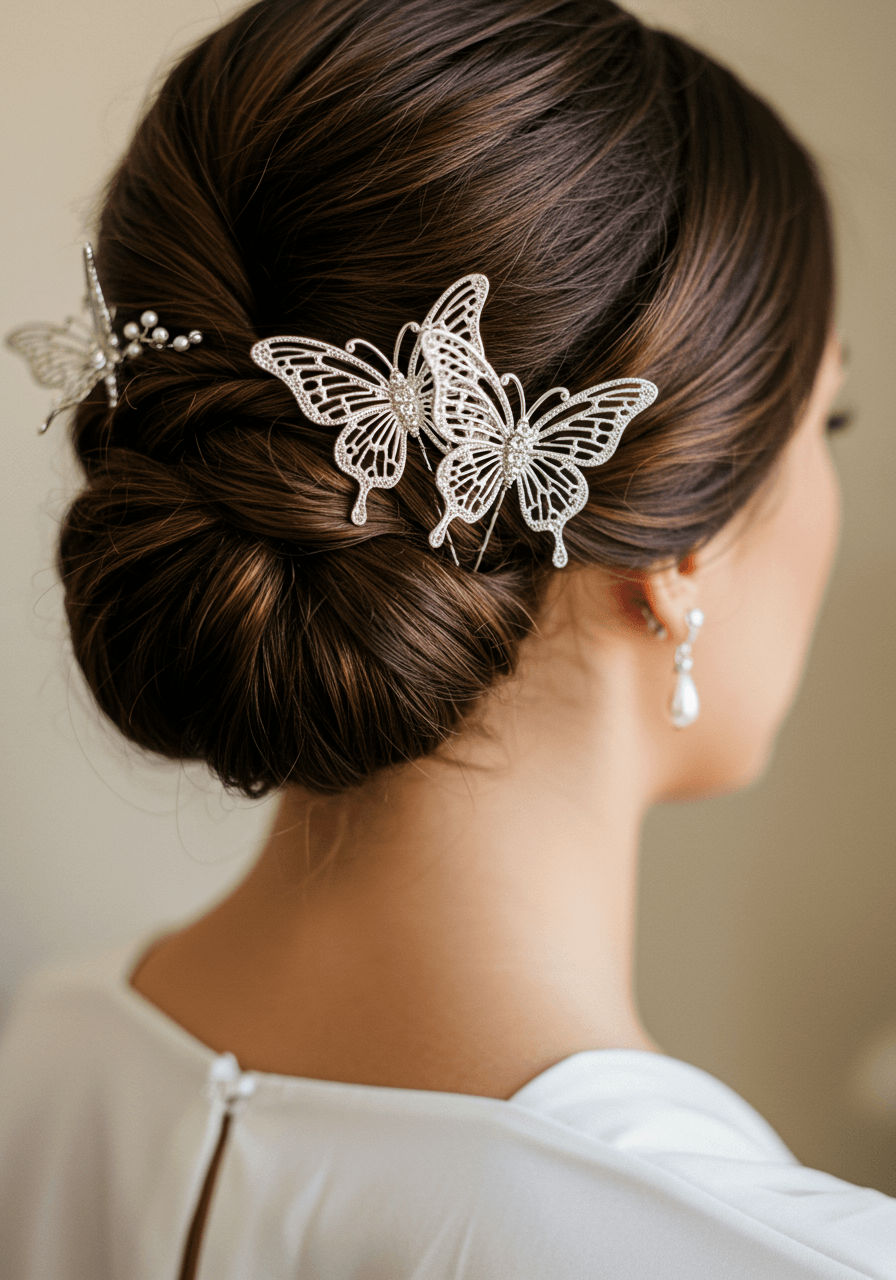 Macro close-up of silver butterfly hair pins with intricate wing details nestled in brunette twisted bridal updo during golden hour light