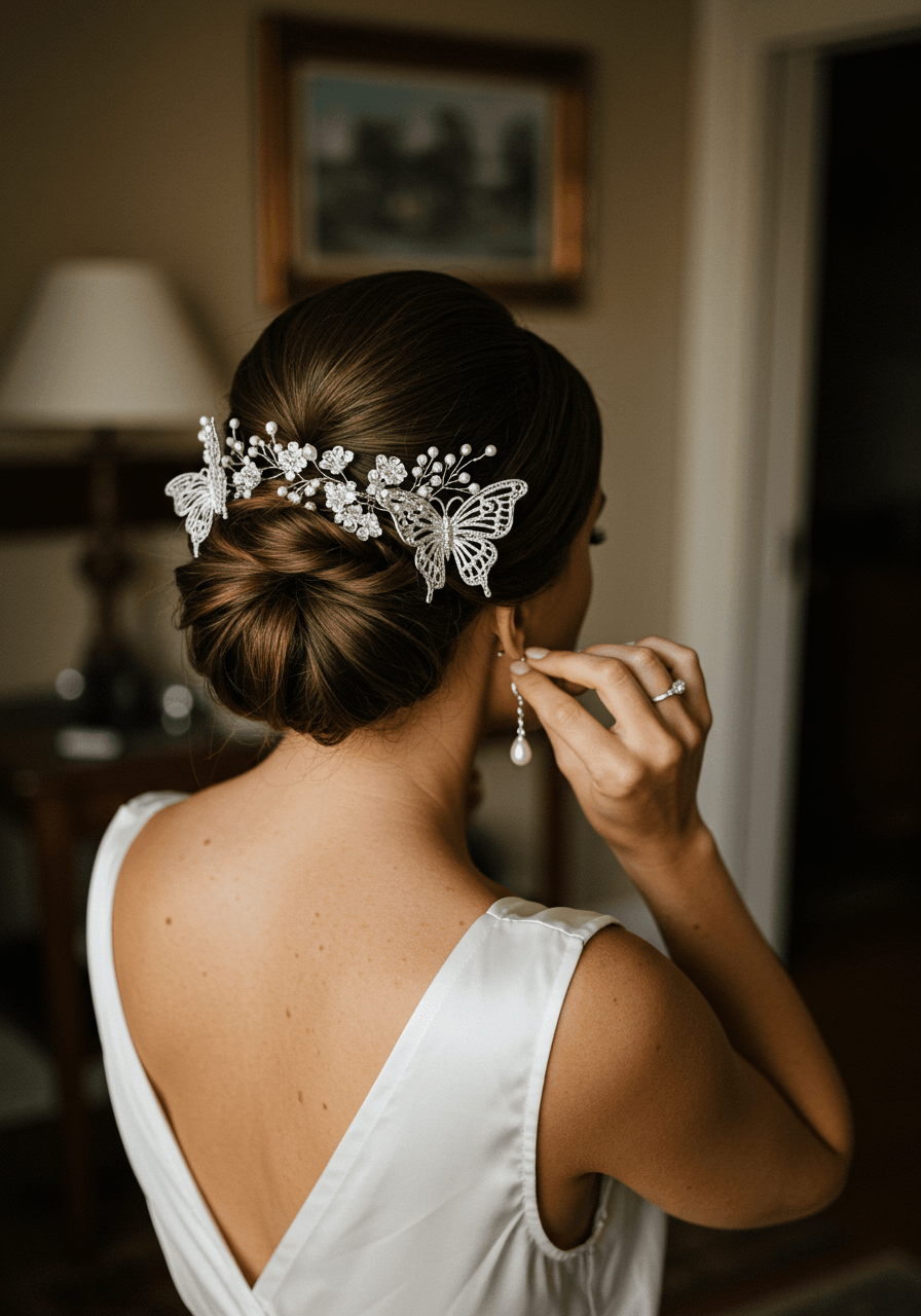 Wide-angle view of sophisticated twisted updo with delicate silver butterfly accessories in elegant preparation room