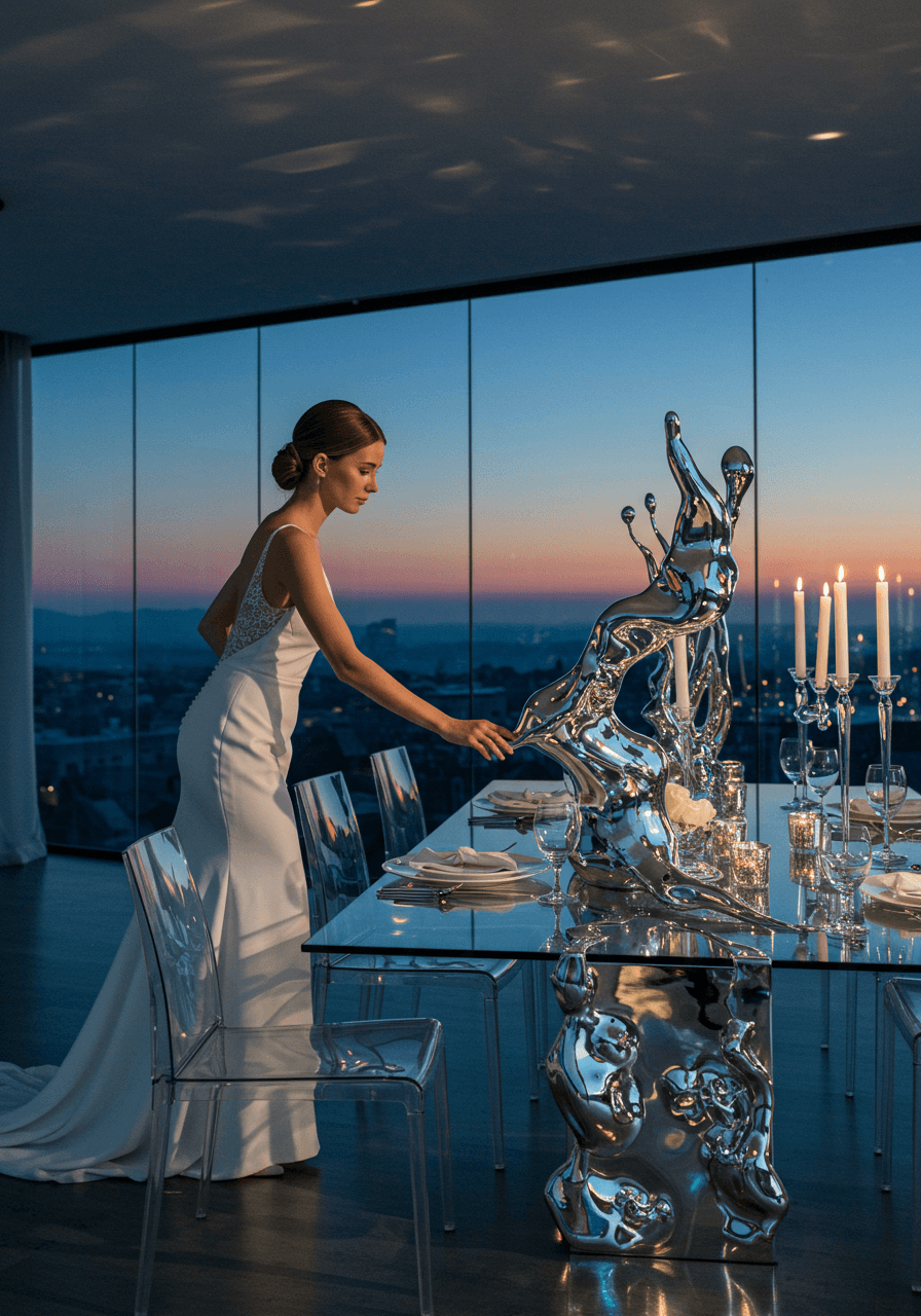 Wide view of iridescent liquid-metal wedding centrepiece with holographic reflections on contemporary glass dining table