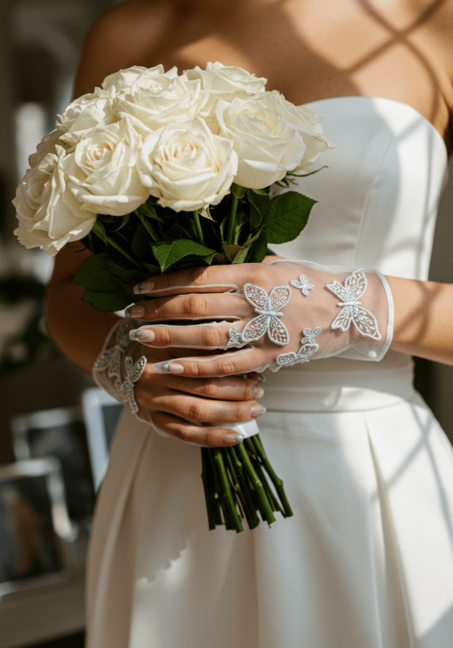 Bride's gloved hands holding white rose bouquet wearing sheer organza gloves with metallic butterfly embroidery in sunlit Y2K-inspired bridal suite