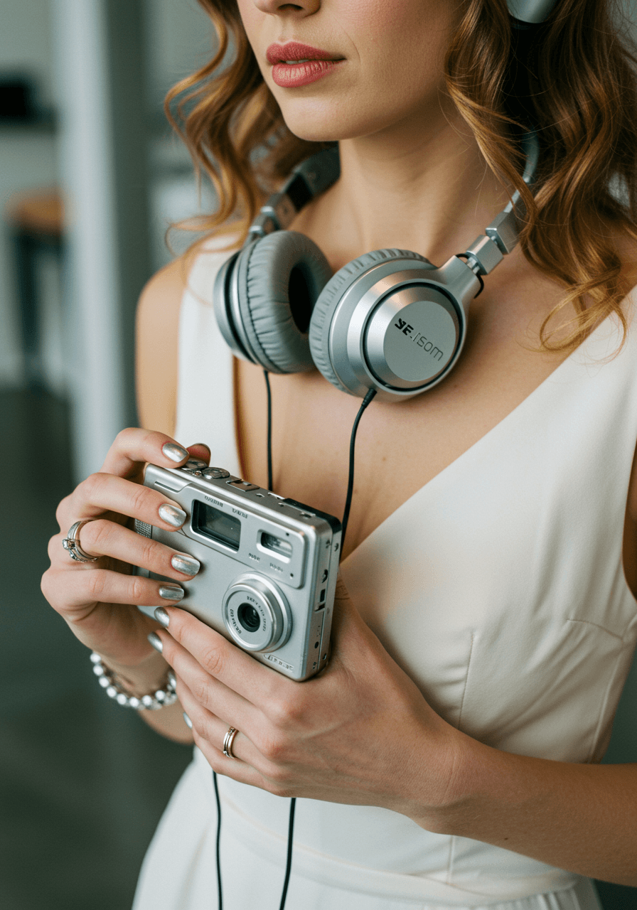 Bride holding vintage silver digital camera wearing chunky metallic headphones around neck in contemporary wedding reception space with soft afternoon lighting
