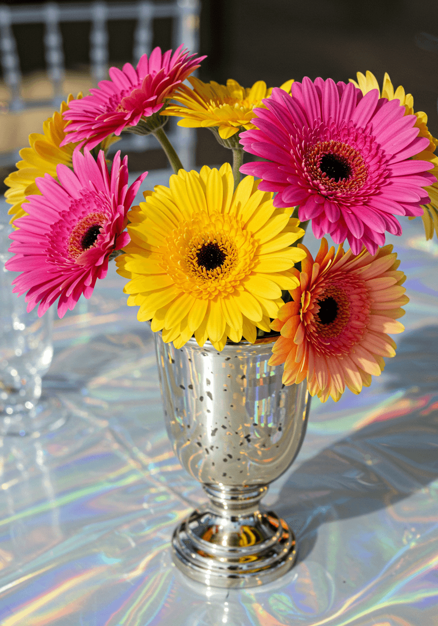 Bright fuchsia and yellow Gerbera daisies in mirror-finish metallic vase on glass reception table with holographic runner