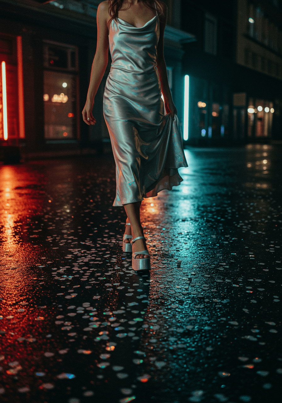 Bride in silver slip dress and platform shoes walking through holographic heart confetti on wet dark pavement outside modern venue at twilight