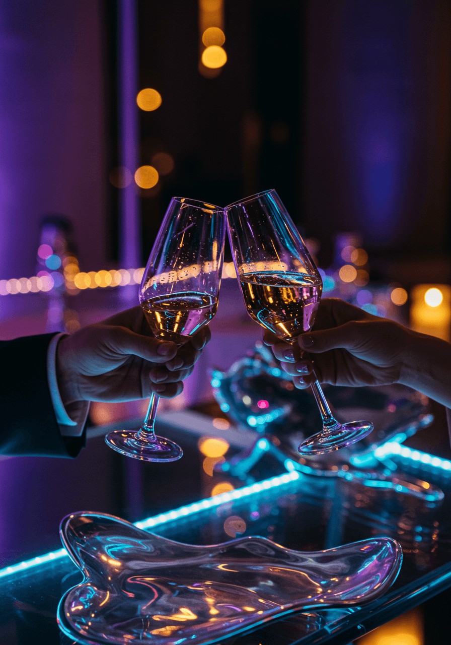 Blobitecture champagne flutes clinking together with holographic light reflections in contemporary venue