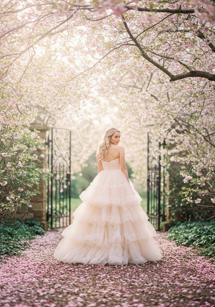 Blush pink layered tulle bridesmaid dress creating ethereal movement in cherry blossom garden with wrought iron gates