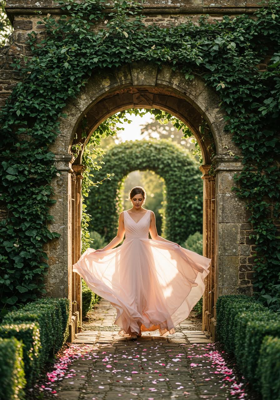 Blush pink flowing chiffon bridesmaid dress creating ethereal movement beneath ivy-covered garden archway