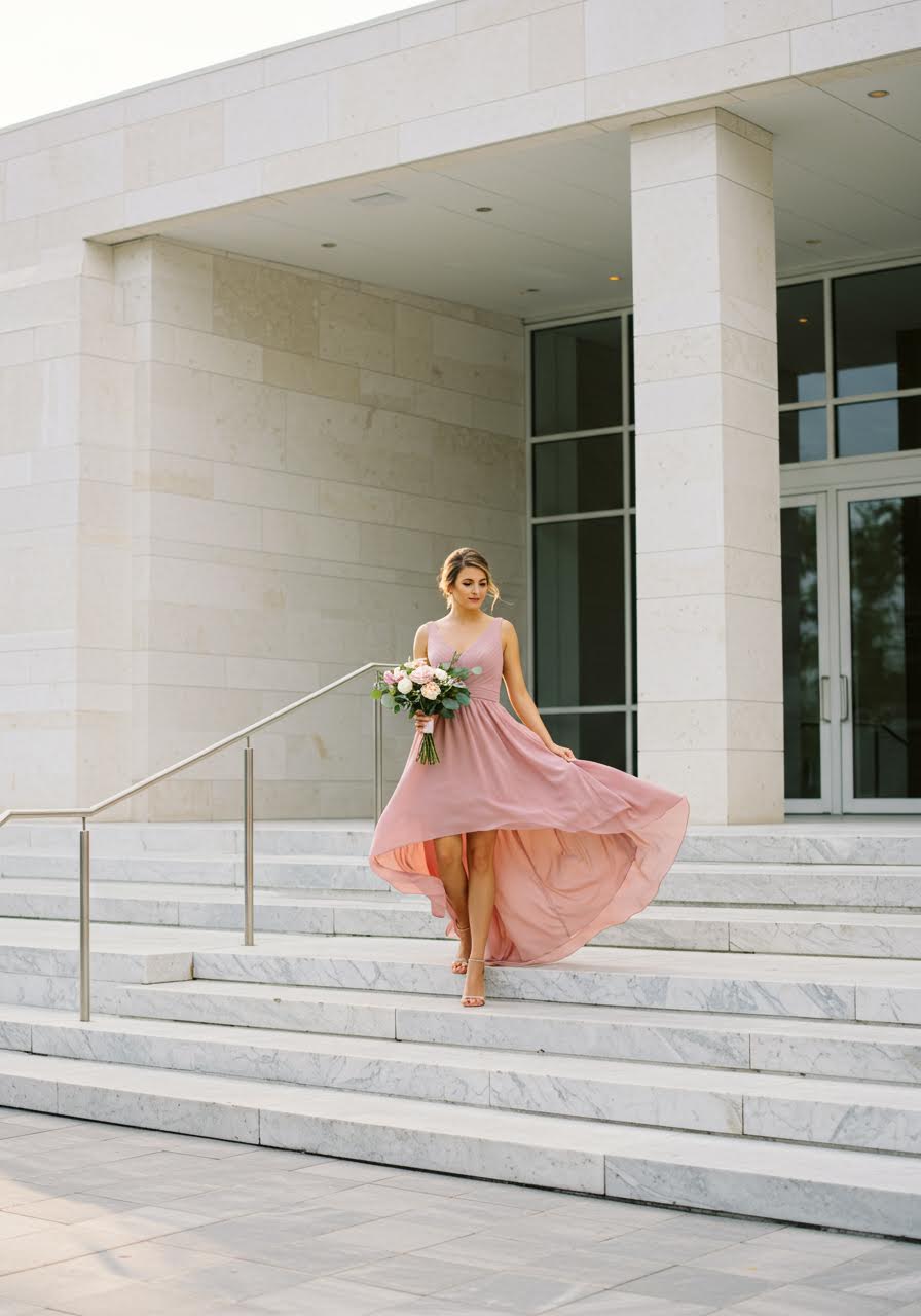 Dusty rose chiffon high-low hemline bridesmaid dress on modern marble steps showcasing asymmetrical design