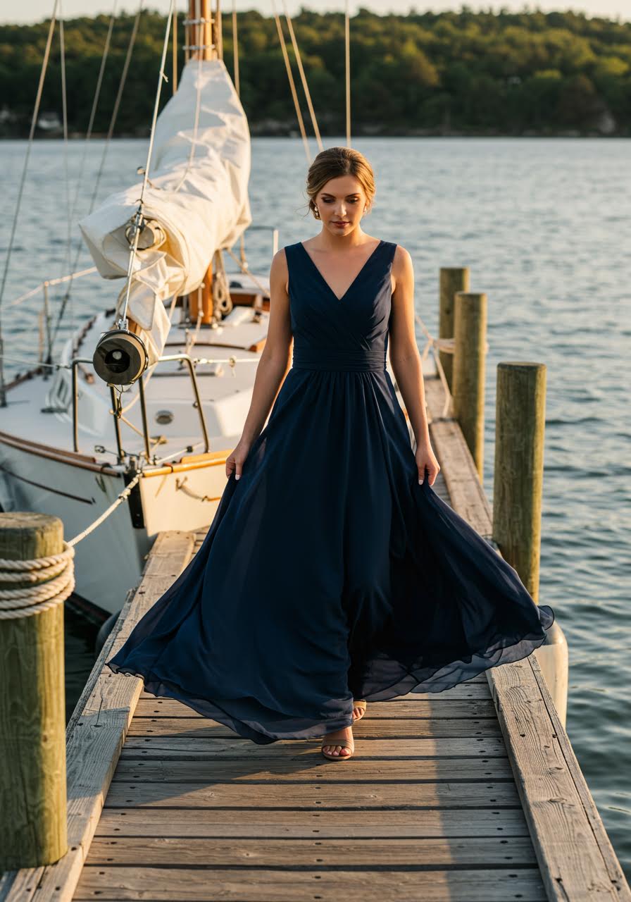 Deep navy chiffon bridesmaid dress with pleated details on waterfront dock with sailboat backdrop during golden hour
