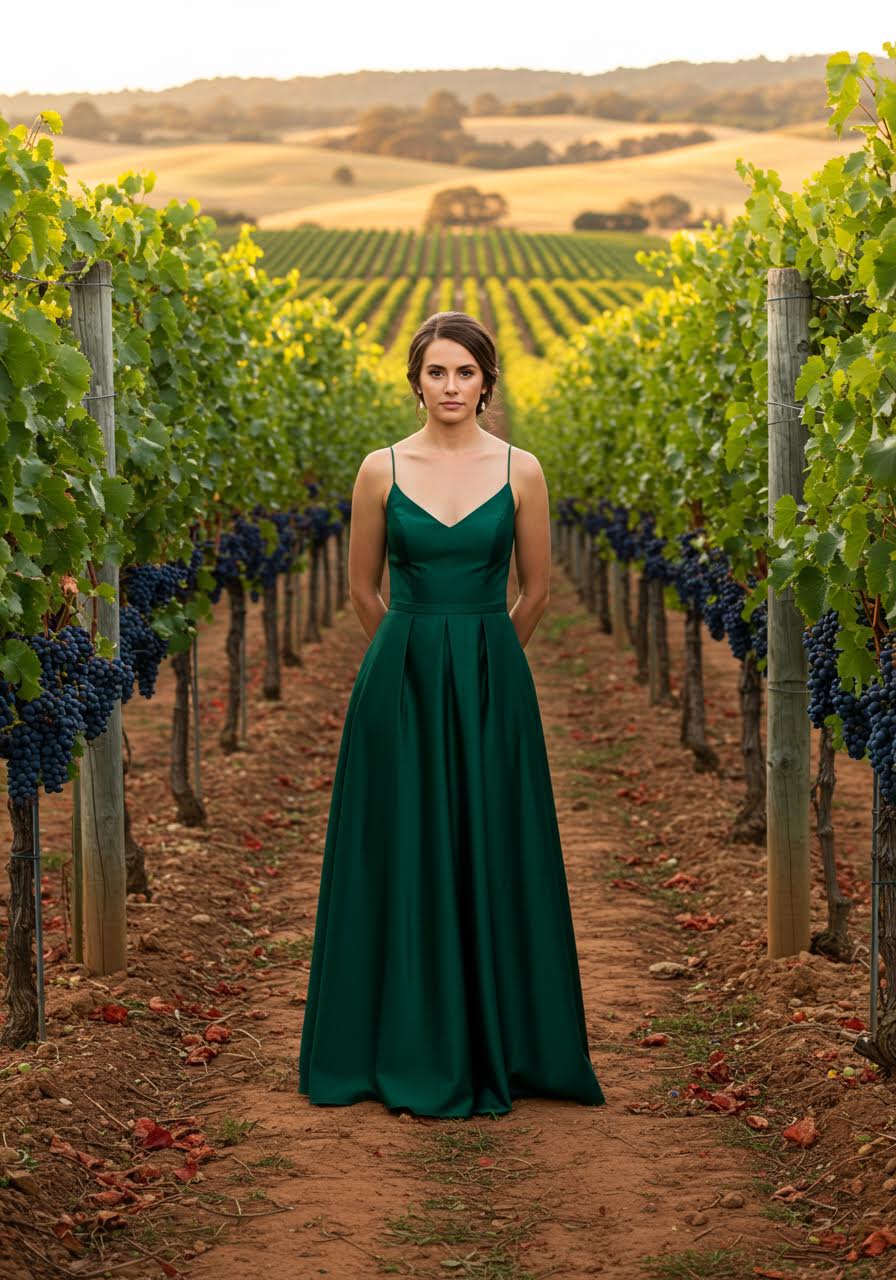 Rich emerald satin A-line bridesmaid dress with thin straps among purple grape clusters in vineyard setting