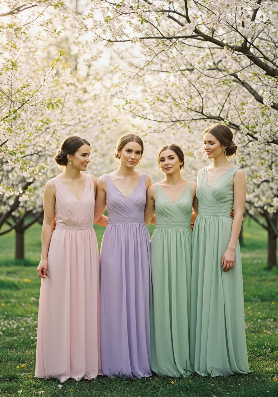 Three bridesmaids in coordinating blush pink lavender and sage green pastel dresses in cherry blossom garden