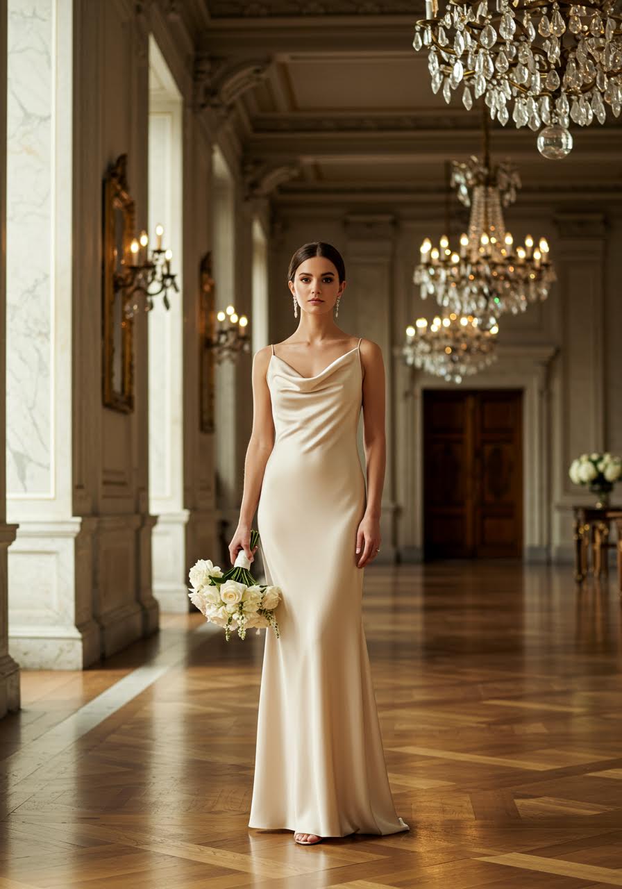 Champagne satin bridesmaid dress with cowl neckline reflecting crystal chandelier light in elegant ballroom