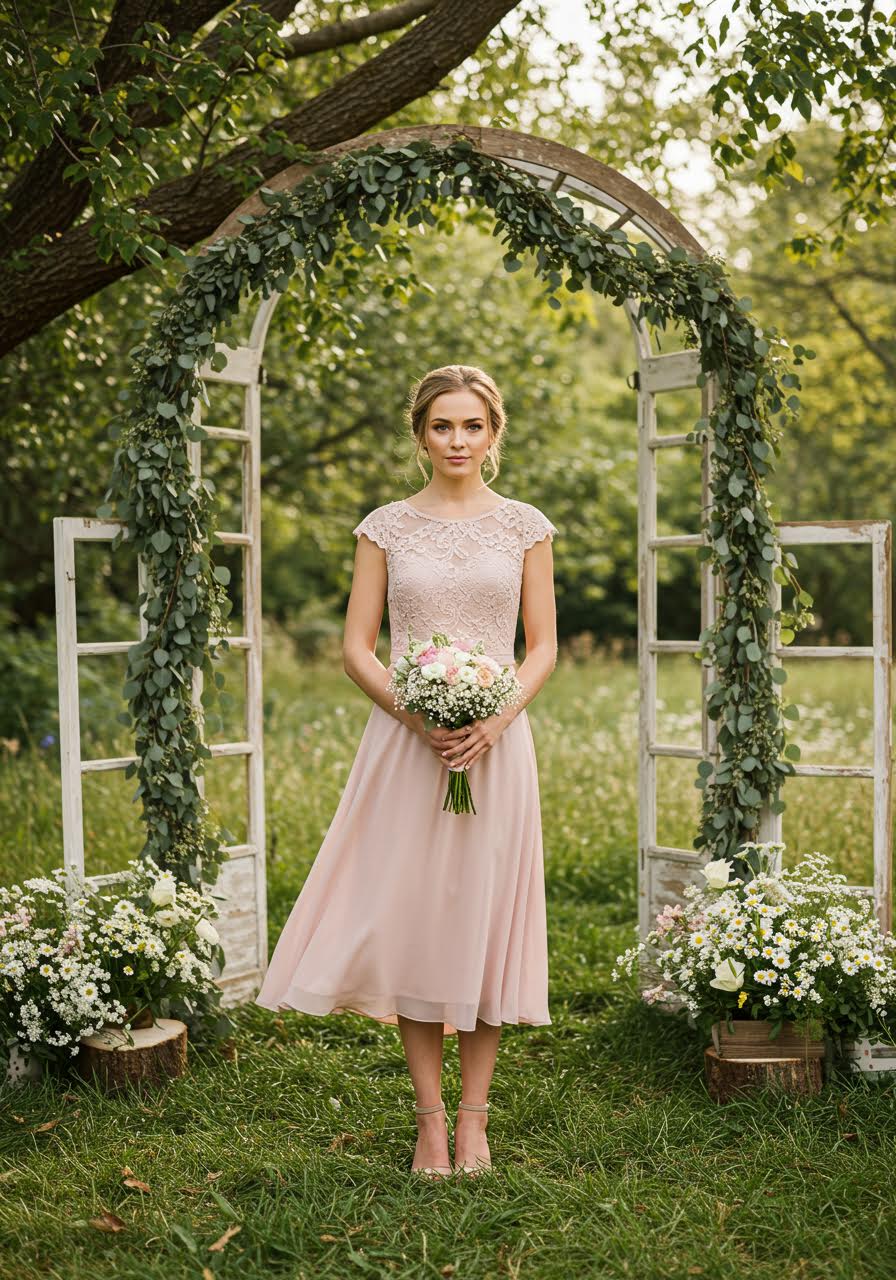 Dusty rose knee-length bridesmaid dress with intricate lace cap sleeves in wildflower garden with rustic arbor