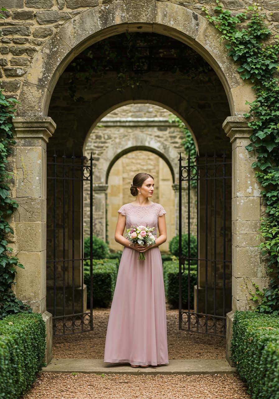 Dusty rose chiffon bridesmaid dress with delicate lace cap sleeves in weathered stone archway with climbing ivy
