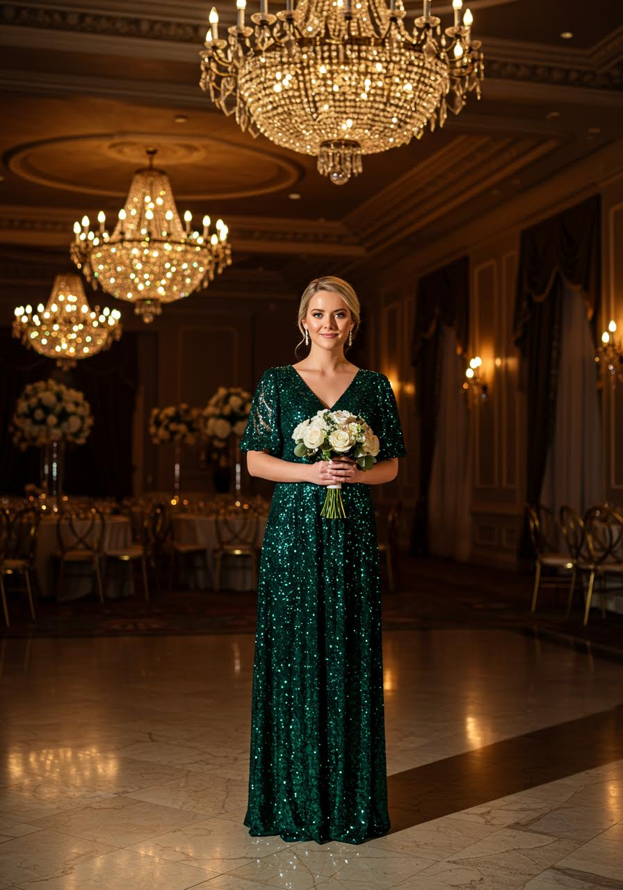 Deep emerald sequined floor-length bridesmaid dress catching ballroom lighting in luxury crystal chandelier venue