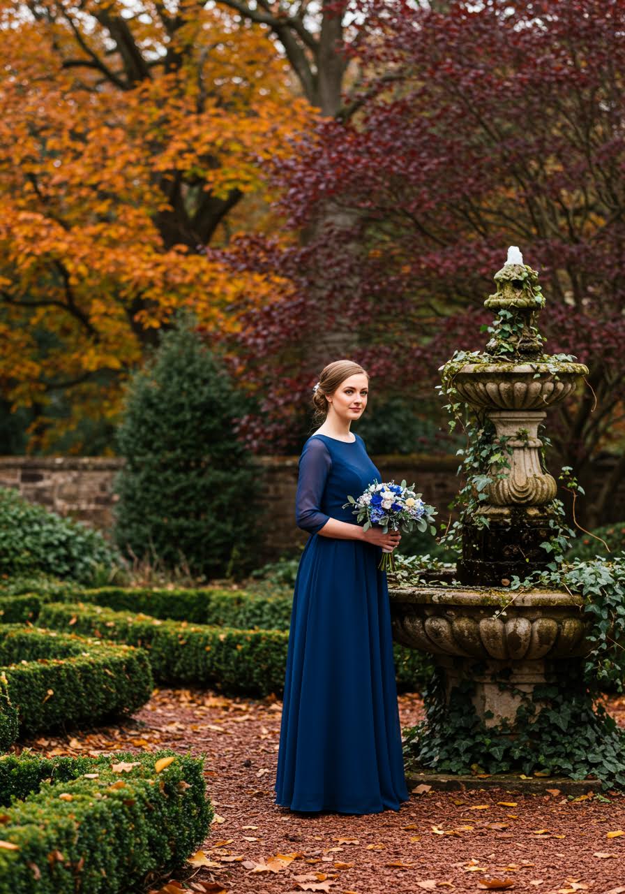 Rich sapphire blue chiffon bridesmaid dress with three-quarter sleeves amongst burgundy and golden autumn foliage