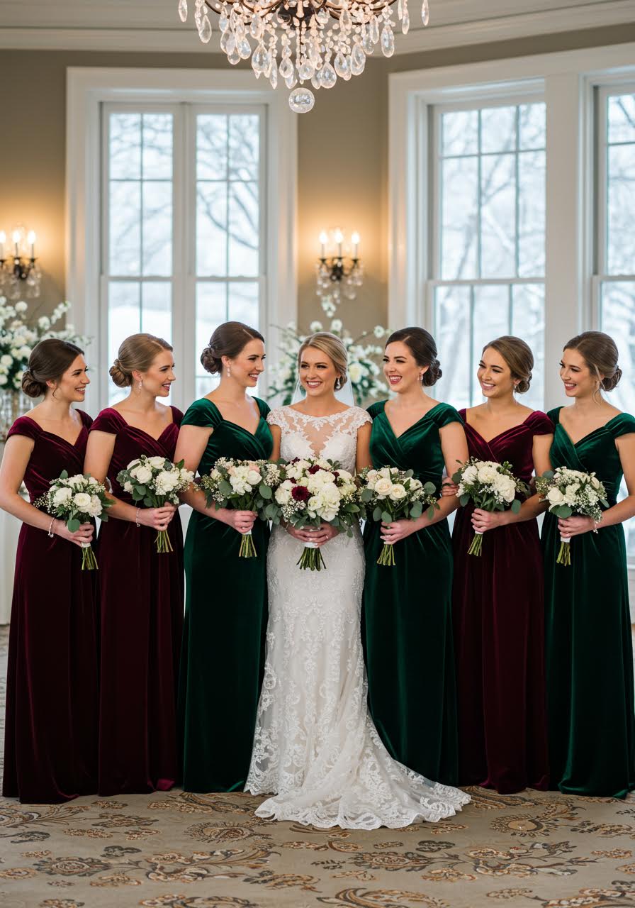 Rich burgundy and emerald velvet bridesmaid dresses creating luxurious winter wedding party against frosted windows and crystal chandeliers