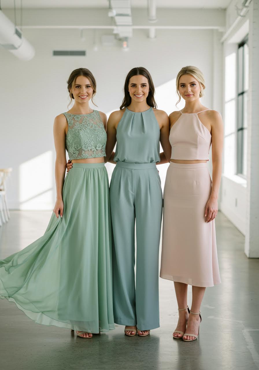 Contemporary two-piece bridesmaid separates in sage green dusty blue and blush pink in minimalist modern venue