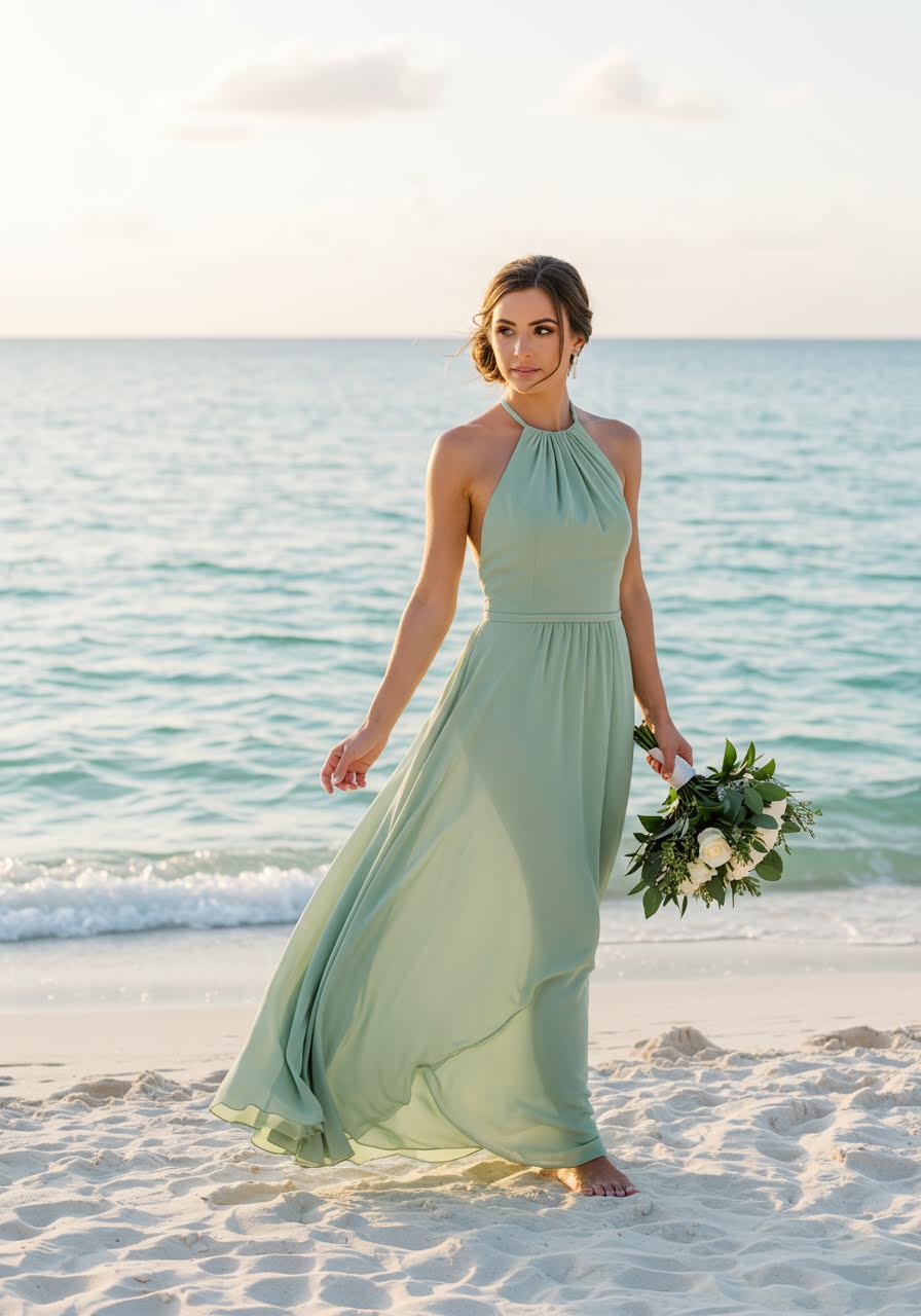 Sage green halter neckline chiffon bridesmaid dress flowing in ocean breezes on pristine white sand beach