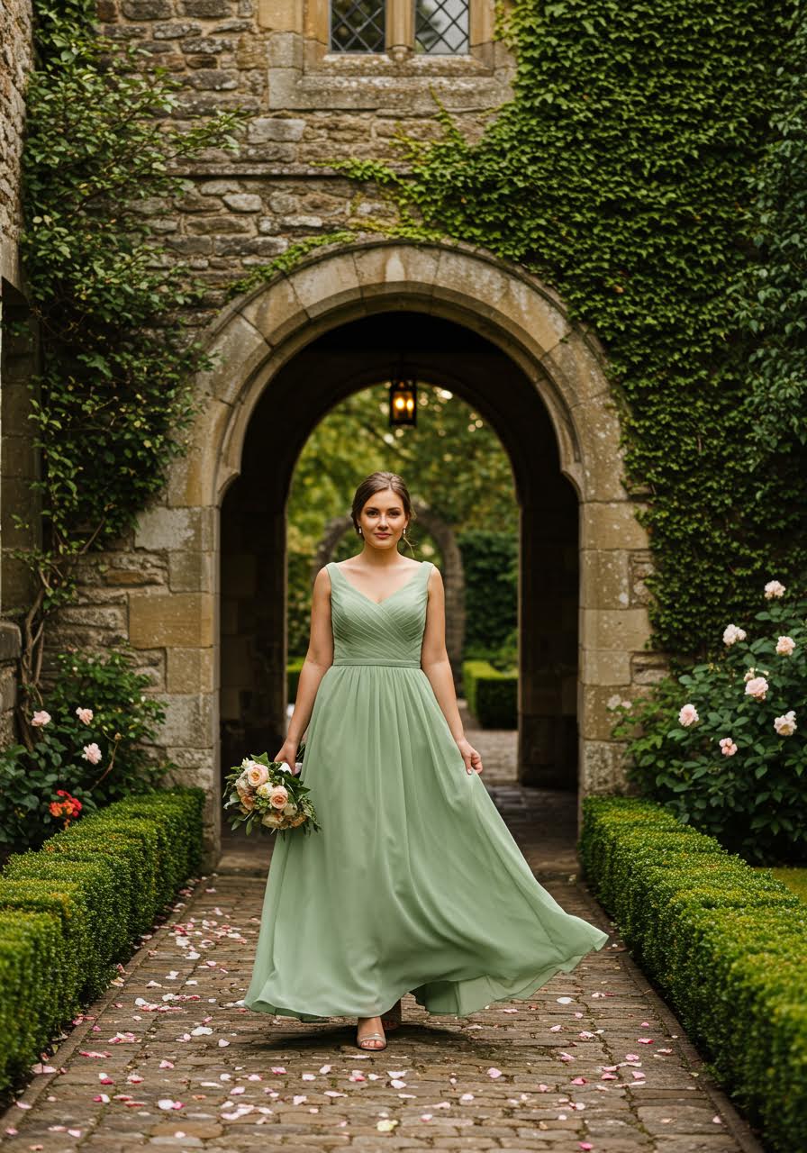 Sage green sweetheart neckline bridesmaid dress in flowing A-line silhouette amongst ivy-covered courtyard setting