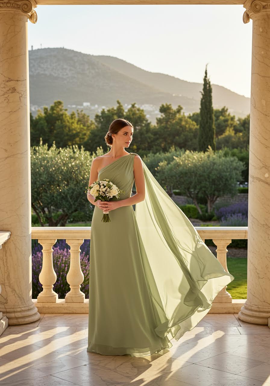 Sage green Grecian-inspired one-shoulder bridesmaid dress with draping detail on classical marble terrace with olive trees