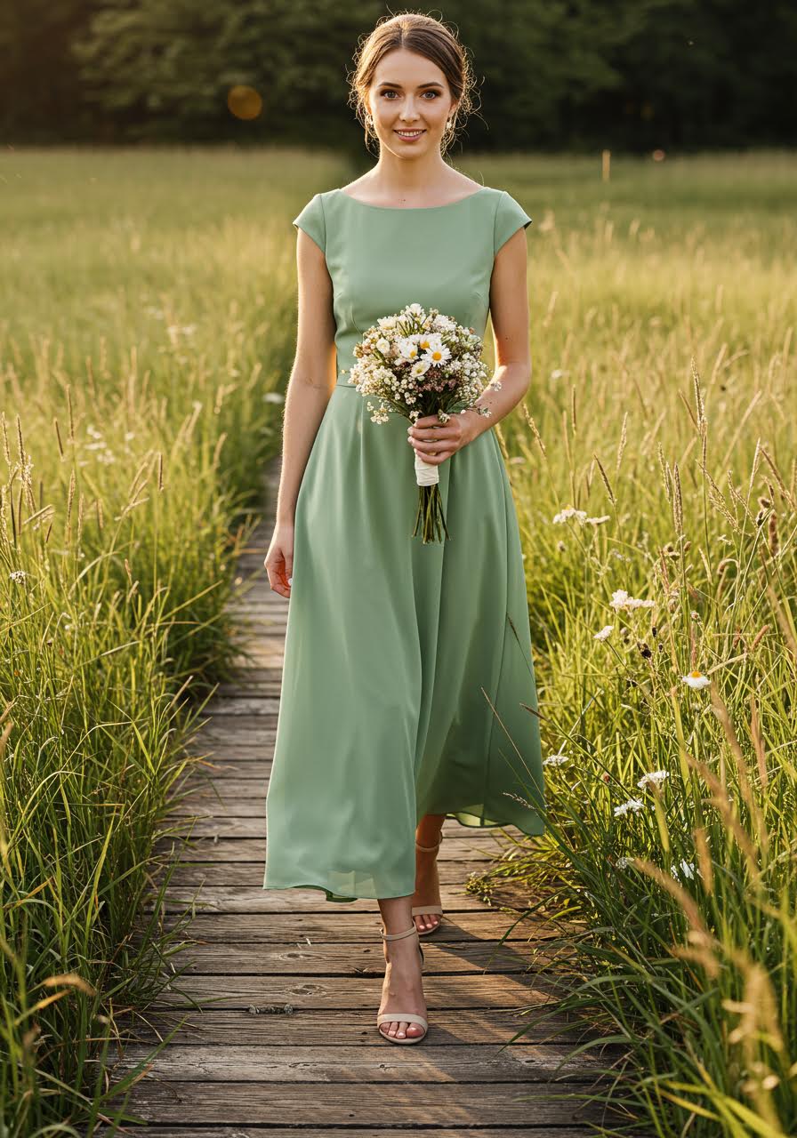 Affordable sage green A-line bridesmaid dress with cap sleeves on weathered wooden boardwalk in wildflower meadow
