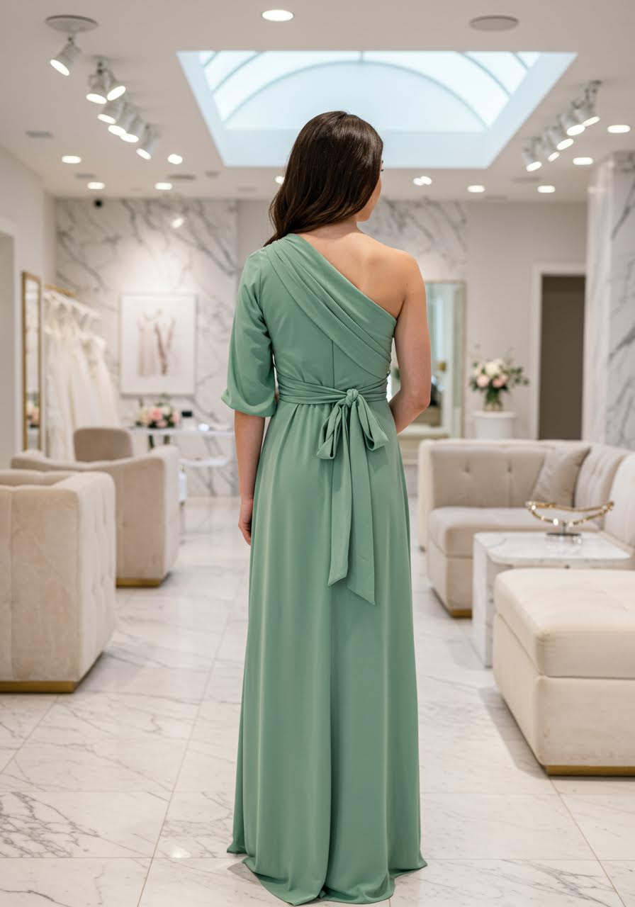 Sage green convertible jersey bridesmaid dress showcasing multiple styling options in elegant bridal salon with marble accents
