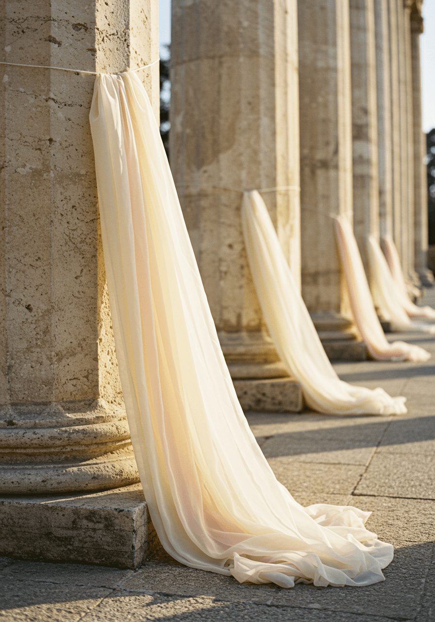 Intimate detail of translucent silk fabric flowing between aged limestone columns in late afternoon light