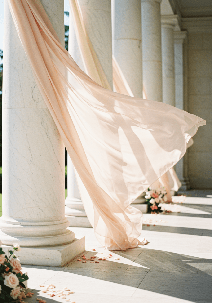 Close-up of blush pink chiffon fabric gracefully draped around white marble colonnade pillars in sunlit garden