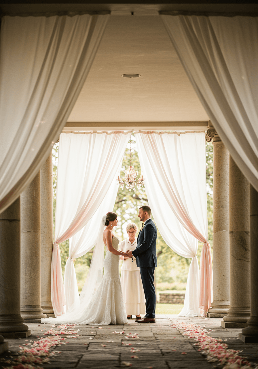 Bride and groom exchanging vows beneath covered walkway with white columns draped in flowing chiffon fabric during golden hour