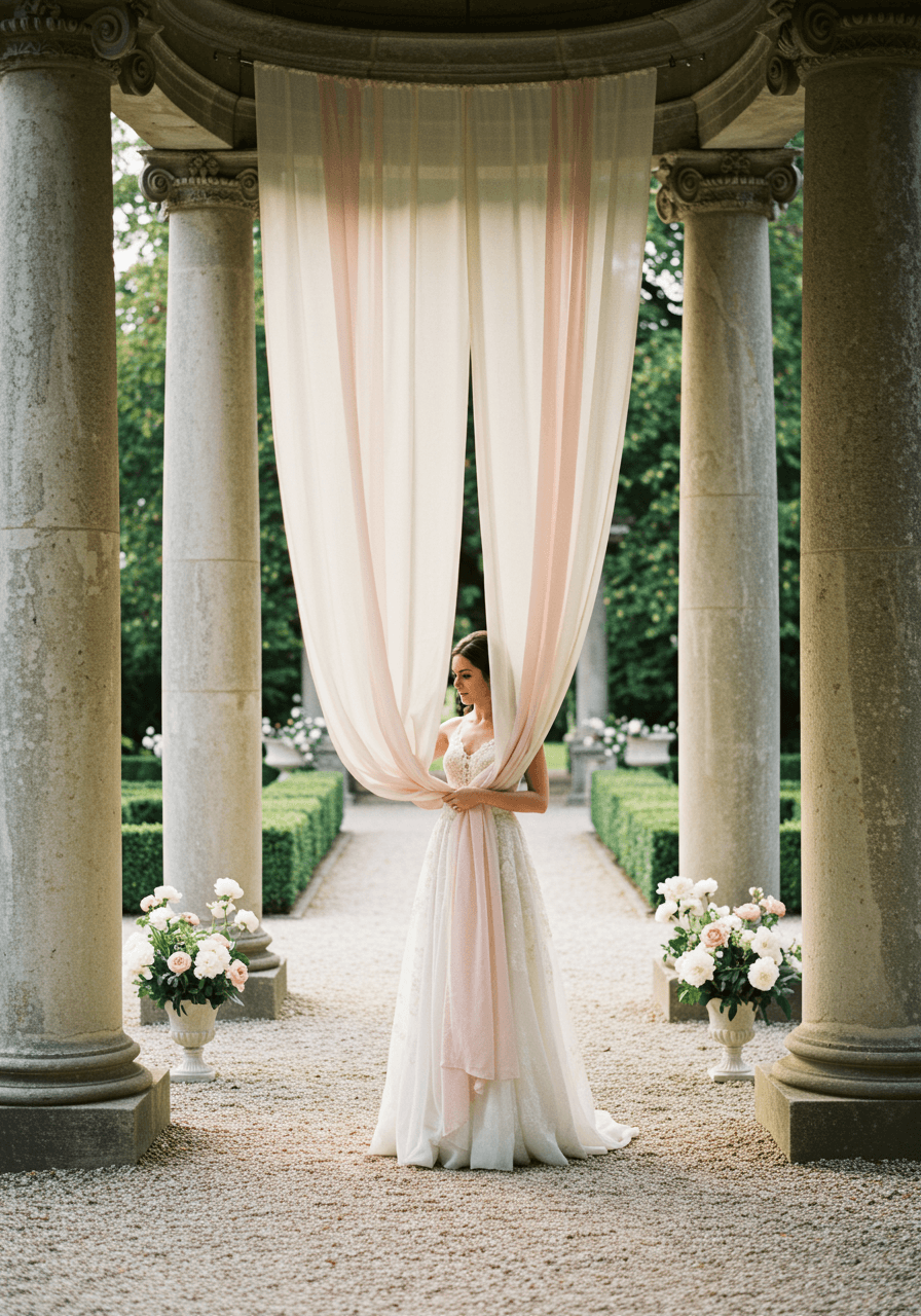 Bride adjusting cascading silk fabric draping between classical stone columns in afternoon light