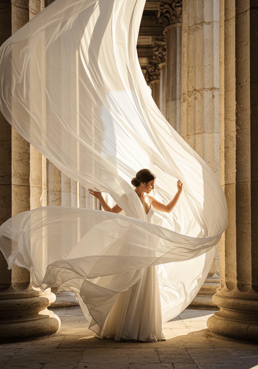 Bride walking through dramatic billowing silk fabric installation among classical stone columns