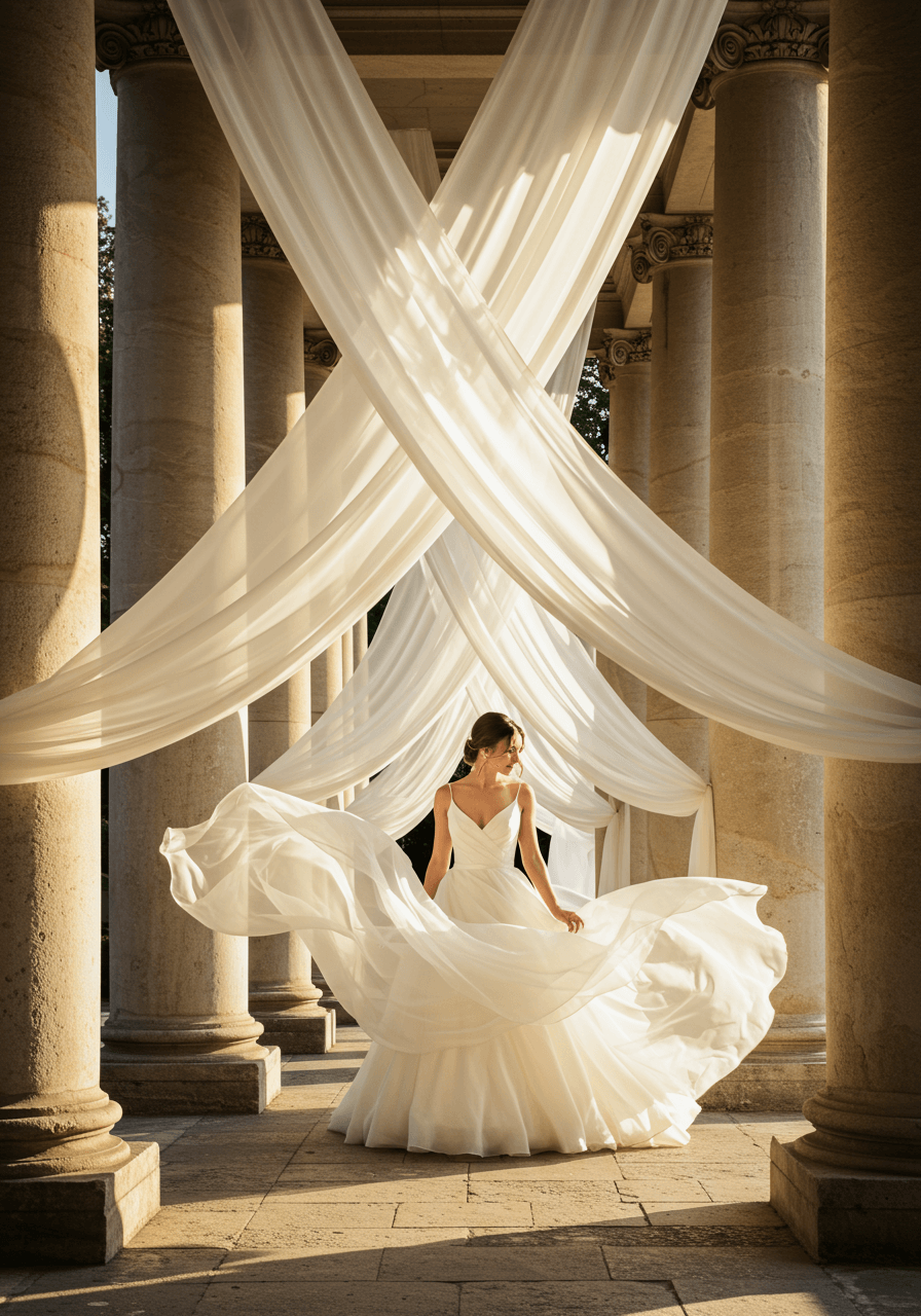 Elegant bride in silk wedding dress with flowing fabric draped between ancient stone pillars during golden hour