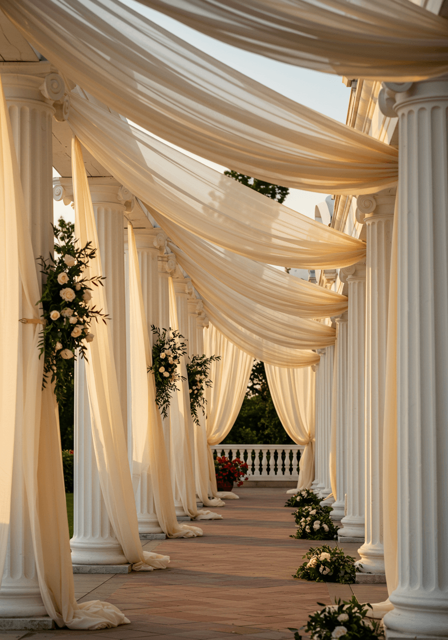 Flowing organza canopy stretched between classical white pillars creating ethereal tunnel effect during sunset in garden