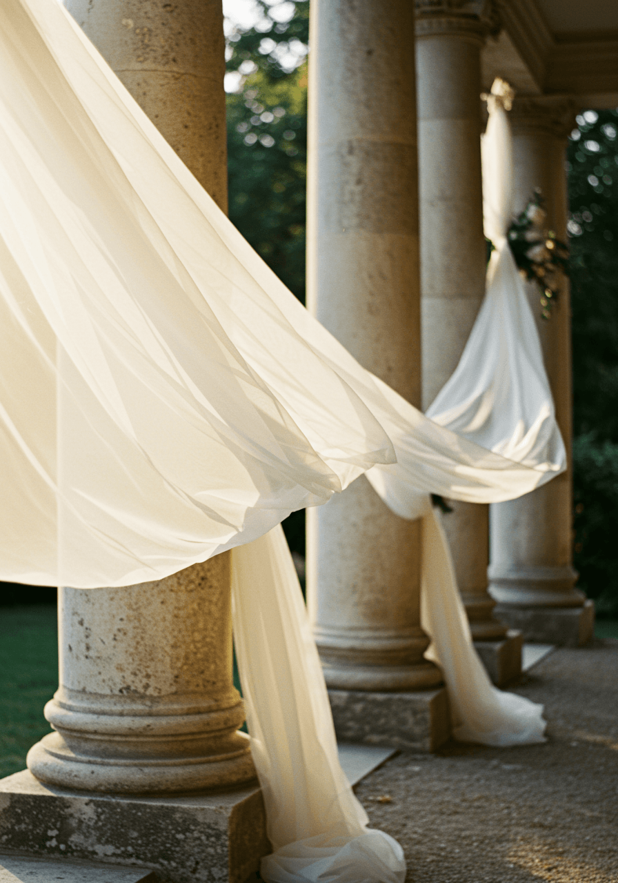 White chiffon and tulle fabric gracefully draped between classical stone columns in sunlit garden setting