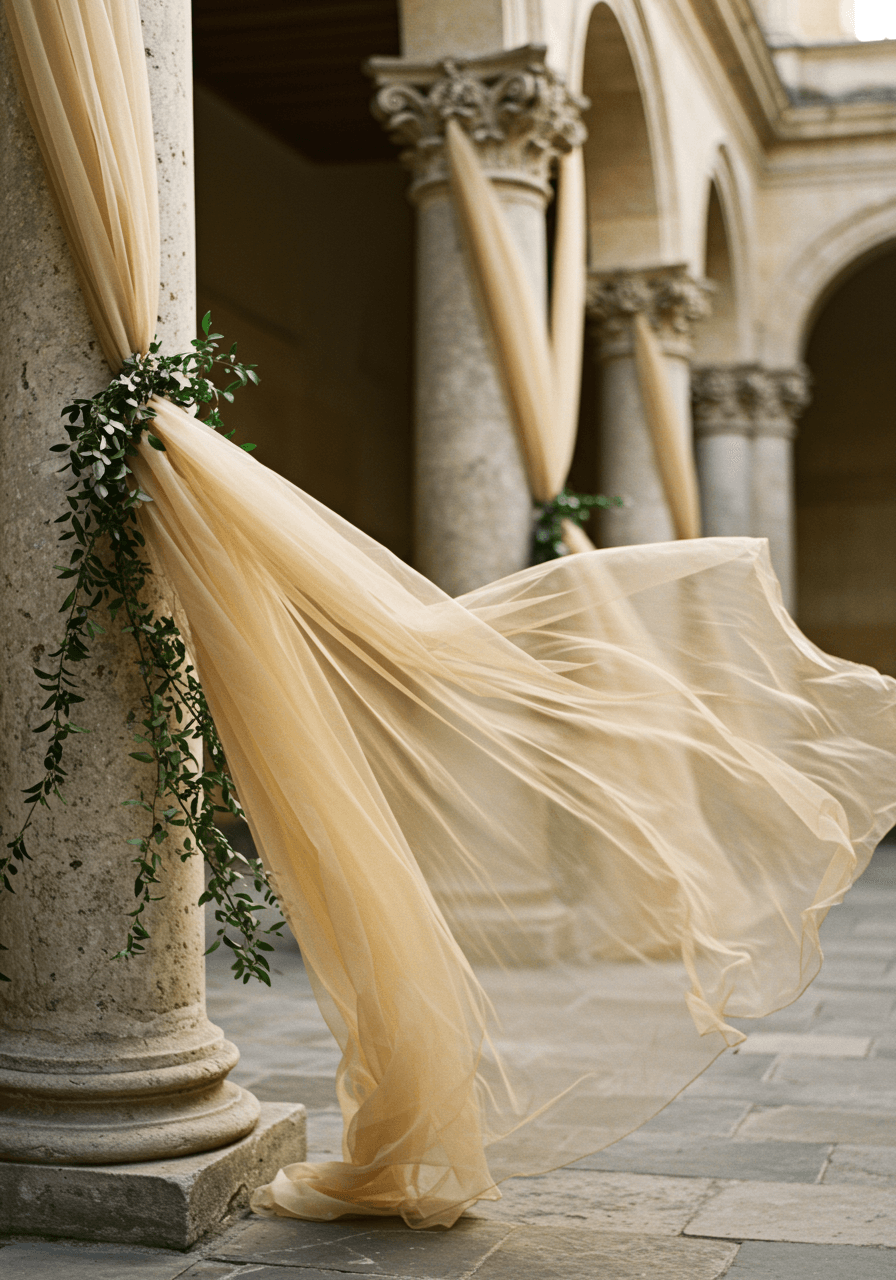 Champagne-coloured tulle fabric flowing around ornate stone pillars during golden hour in historic courtyard