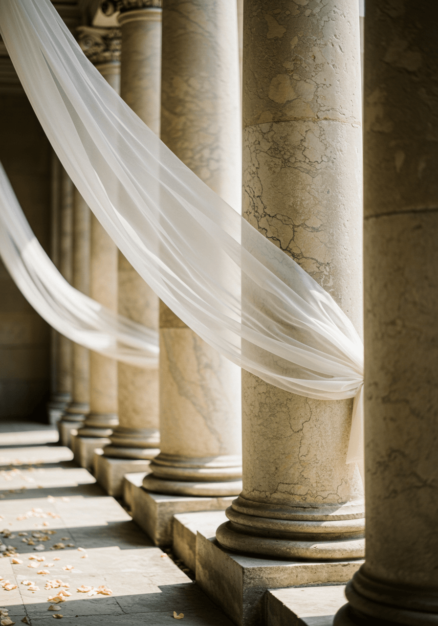 Upward view of classical colonnade with flowing white chiffon creating ceremonial atmosphere in grand courtyard
