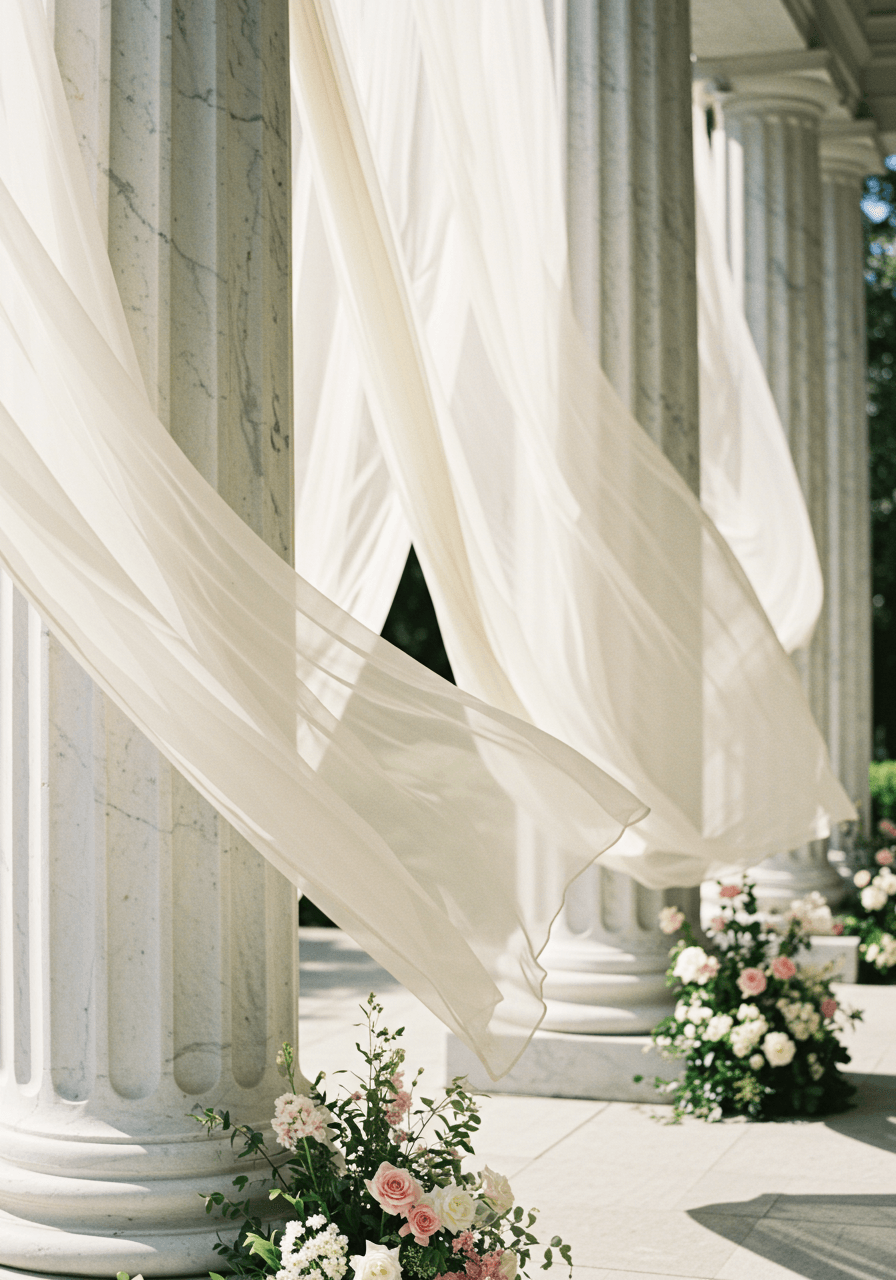 Ivory chiffon fabric elegantly draped between marble pillars creating dreamy ceremony backdrop in formal garden