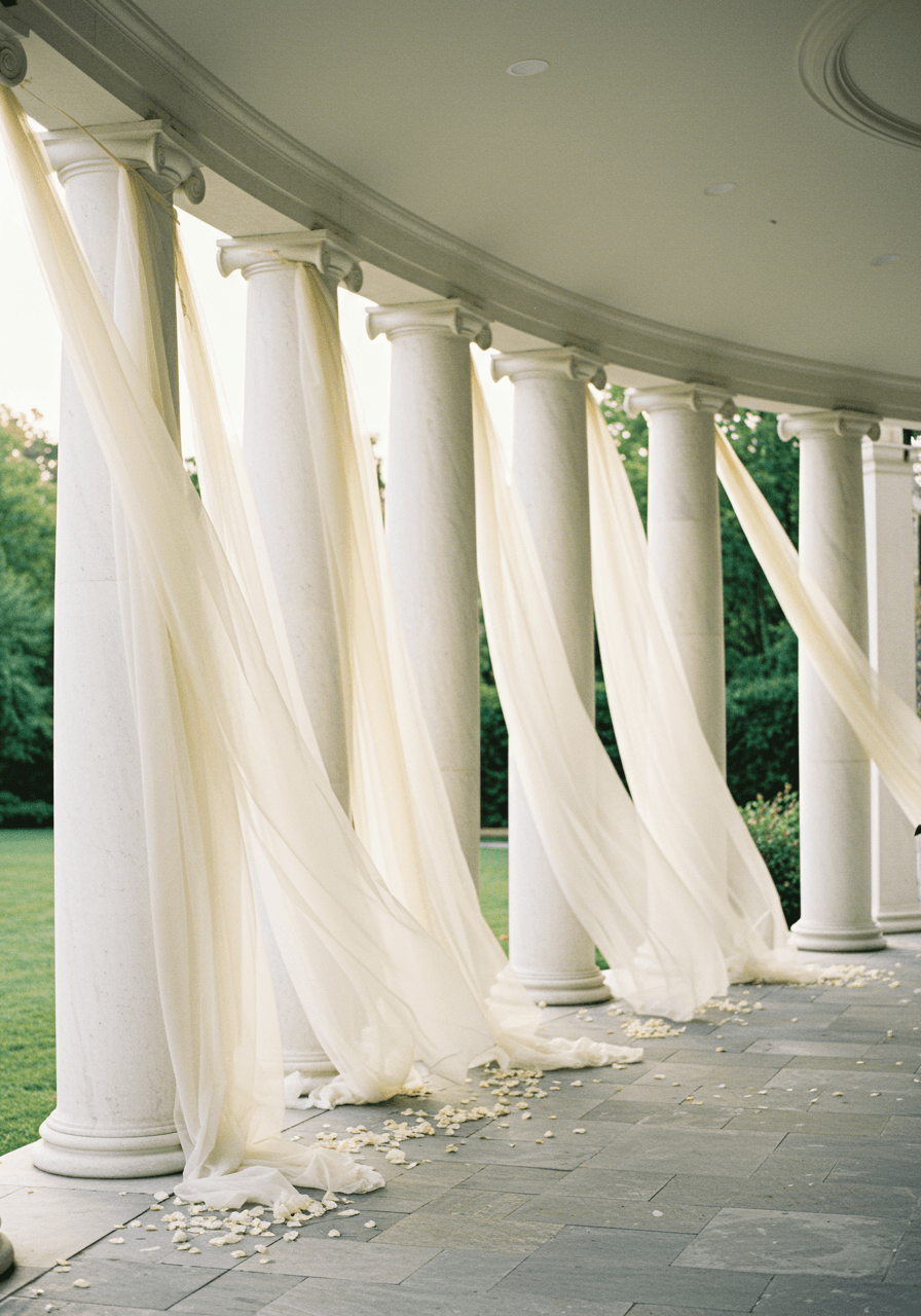 Cascading layers of sheer ivory organza fabric flowing dramatically from classical white stone colonnades in garden pavilion