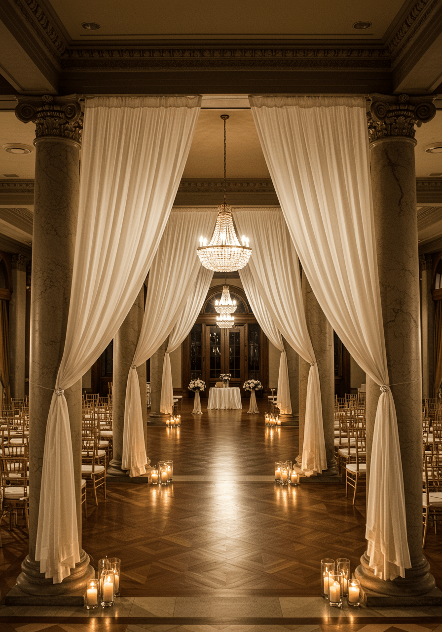 Grand ballroom ceremony backdrop with elegant ivory silk fabric draping and sophisticated lighting design